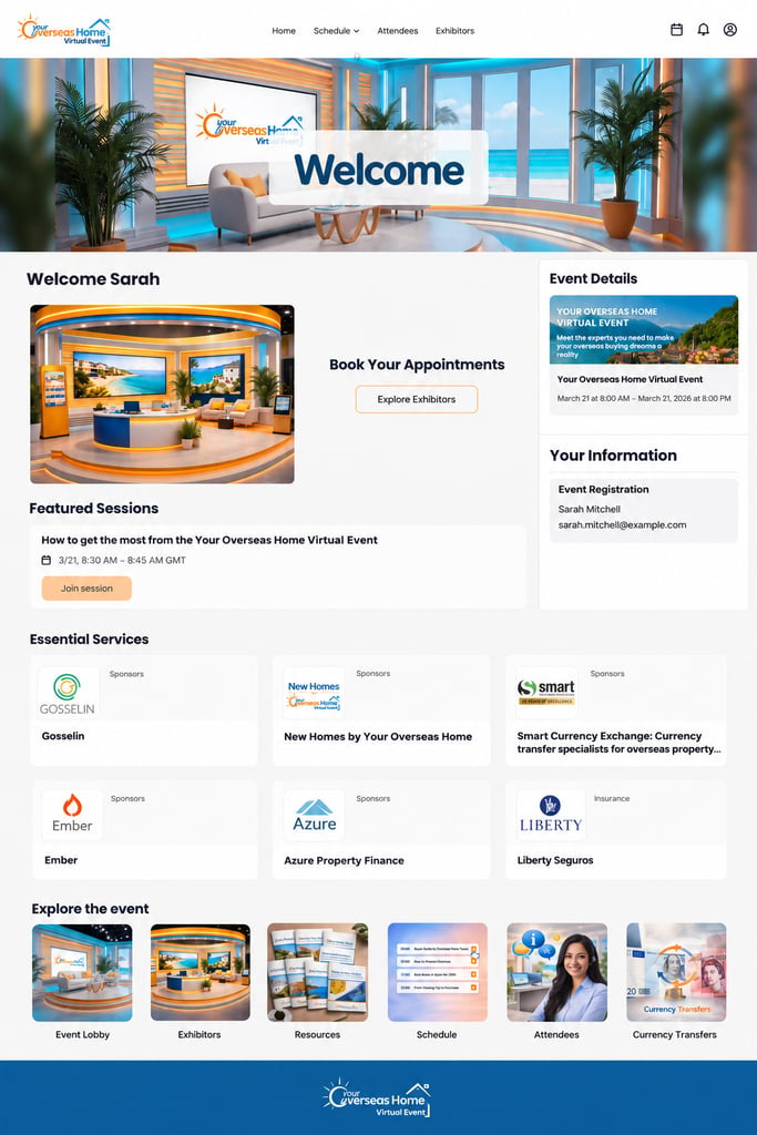 Virtual property event dashboard displaying welcome screen, session schedule and sponsor listings for overseas buyers