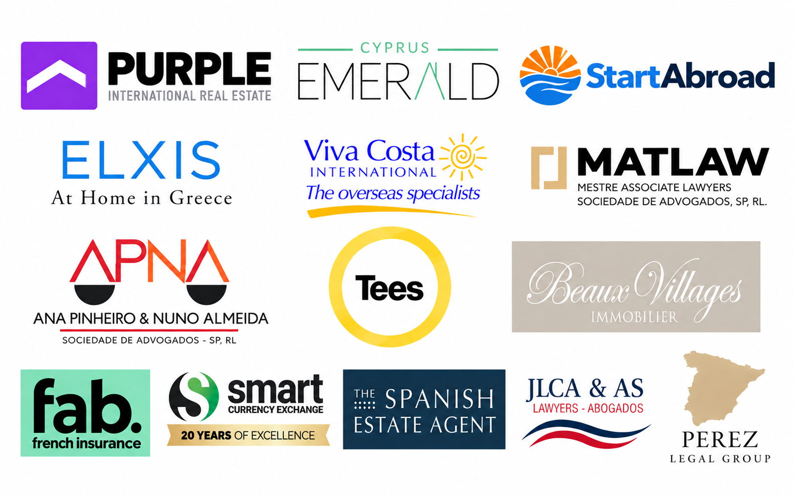 Logos of legal, real estate, currency and insurance firms exhibiting at a virtual overseas property event