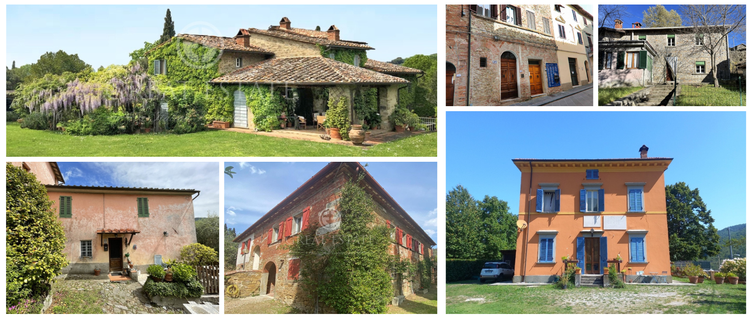 a collage of farmhouses and villas for sale in Tuscany
