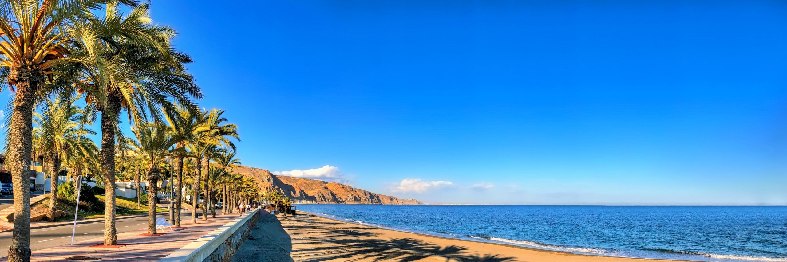Panoramic view of the Mediterranean beach of Roquetas de Mar in southern Spain.