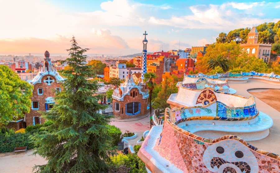 Picture of Park Guell of Barcelona captured during golden hour, designed by the famous architect Antoní Gaudí. UNESCO World Heritage since 1984.