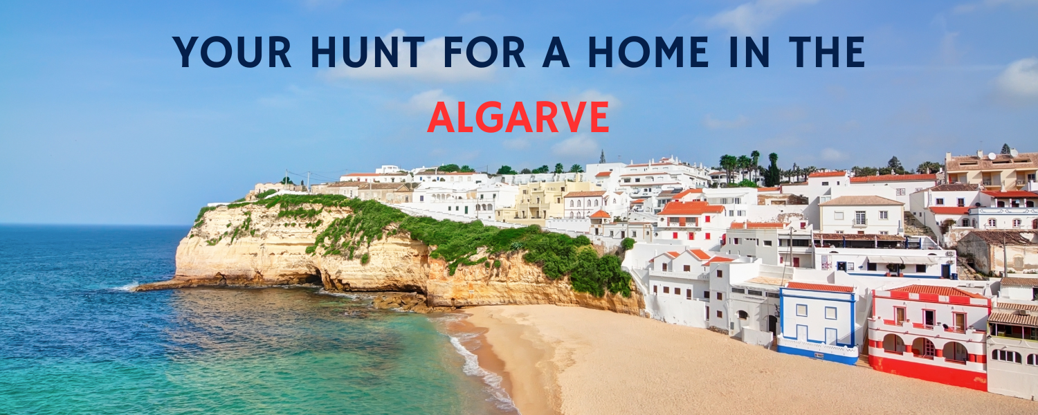 A photograph of the Algarve seaside with the words "Home hunting in the Algarve"