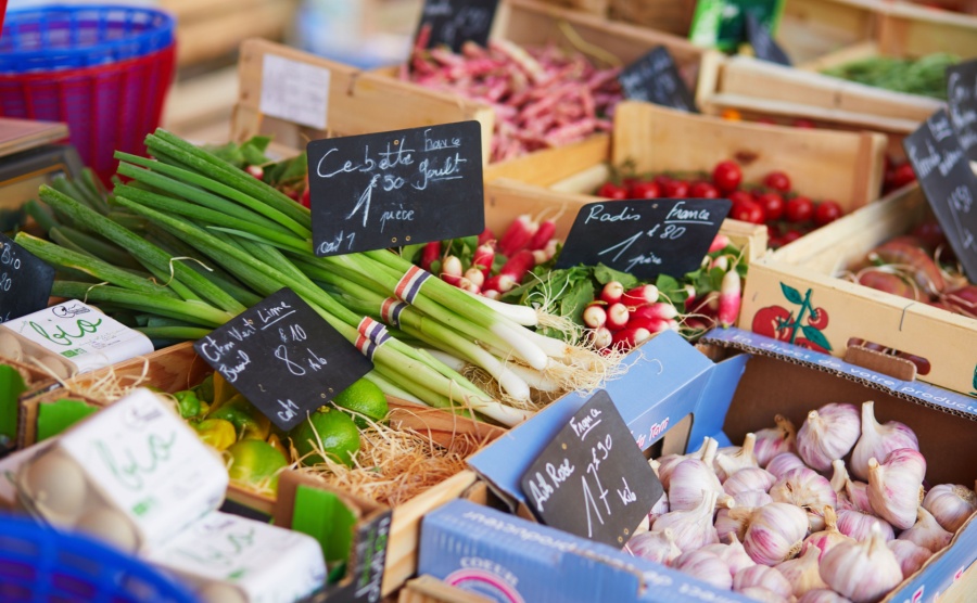 A selection of foods at a French market stall