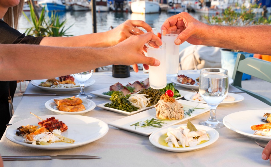 Friends at a table in Cyprus