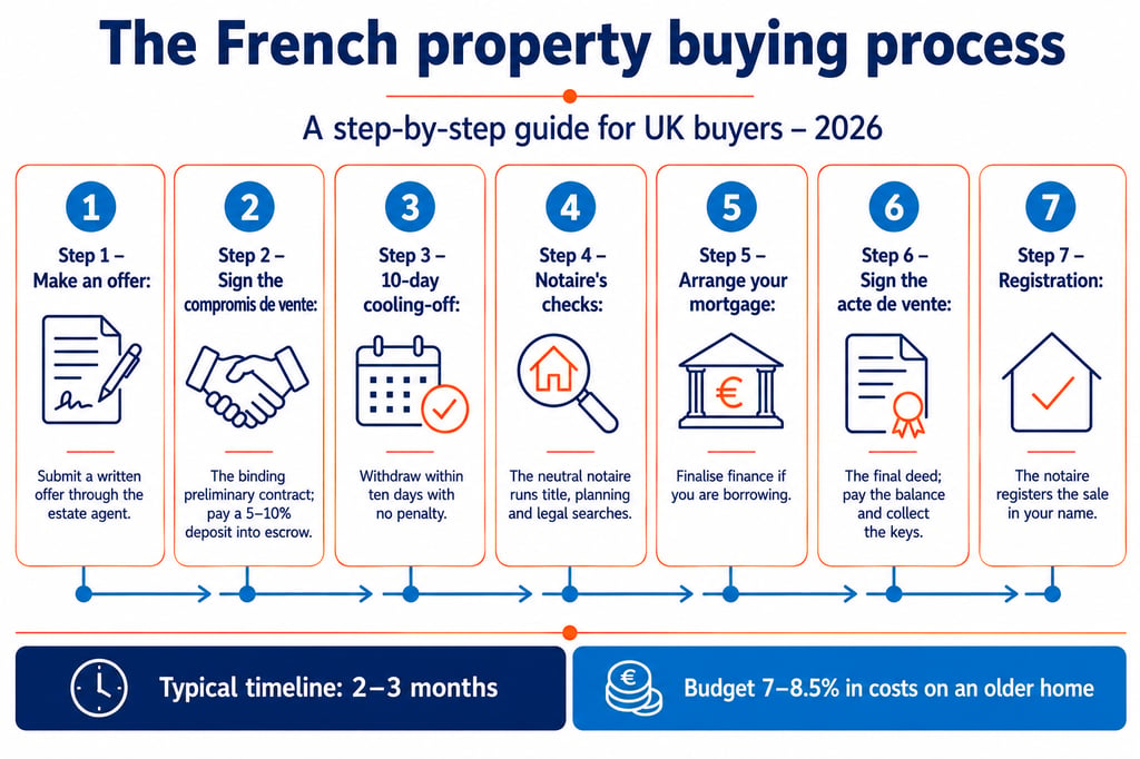 The French property buying process in seven steps, from making an offer to registration, for UK buyers