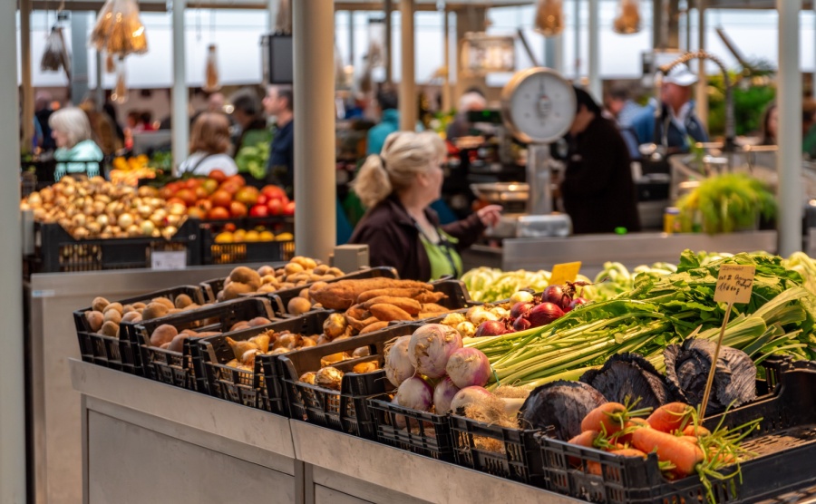 Delicious fruits and vegetables in the Bolhao market hall in Porto