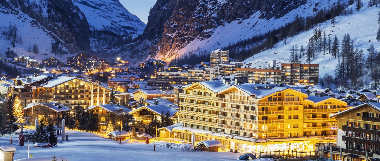 Evening landscape and ski resort in French Alps