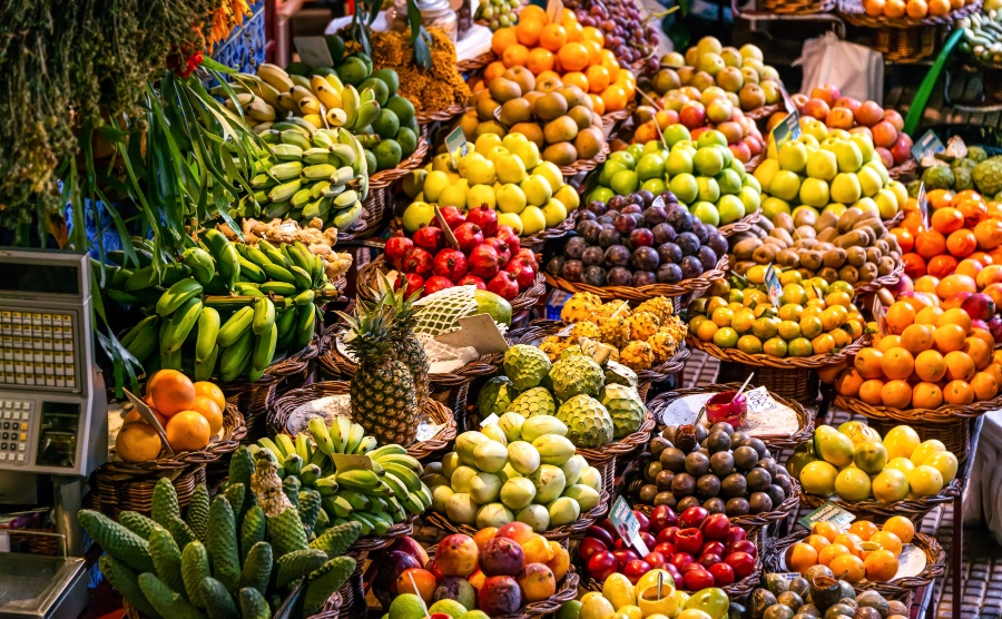 Fresh exotic fruits on famous market in Funchal Mercado dos Lavradores Madeira island Portugal