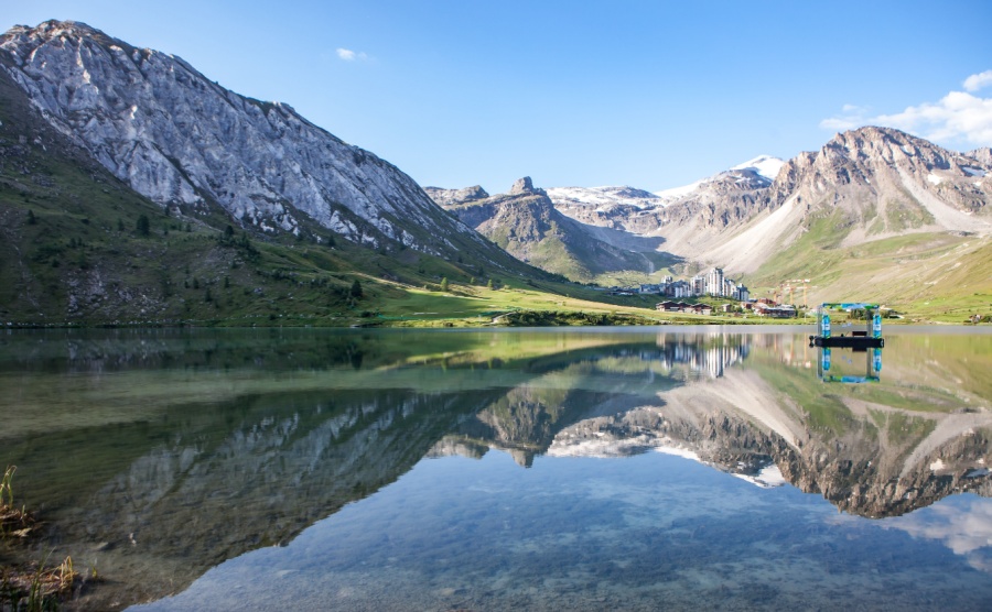 Tignes lake sector mountain reflection in the morning