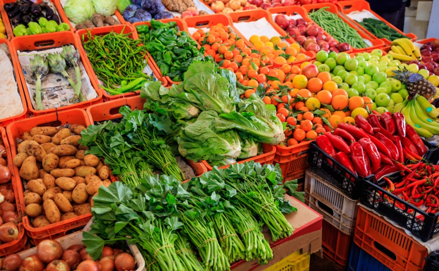 Variety of fresh vegetables and fruits for sale in a market in Nicosia Cyprus