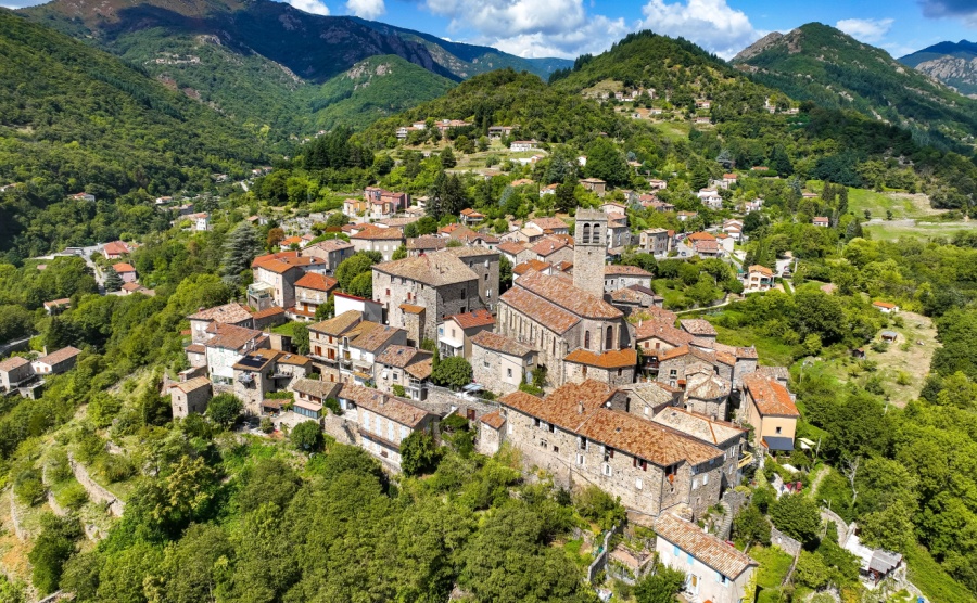 Aerial view of Antraigues sur Volane village in Ardeche, south of France
