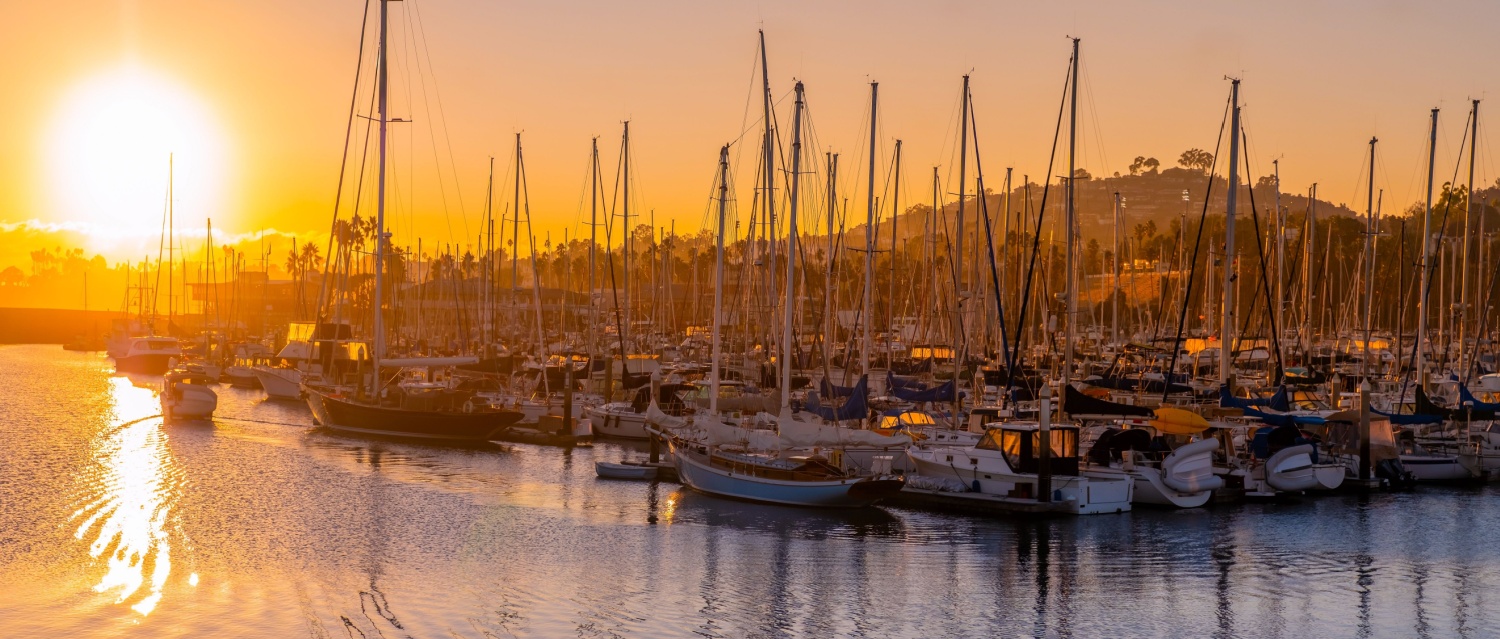 Beautiful view of boat port and town, Santa Barbara Harbor Marina Ships Bay, California,