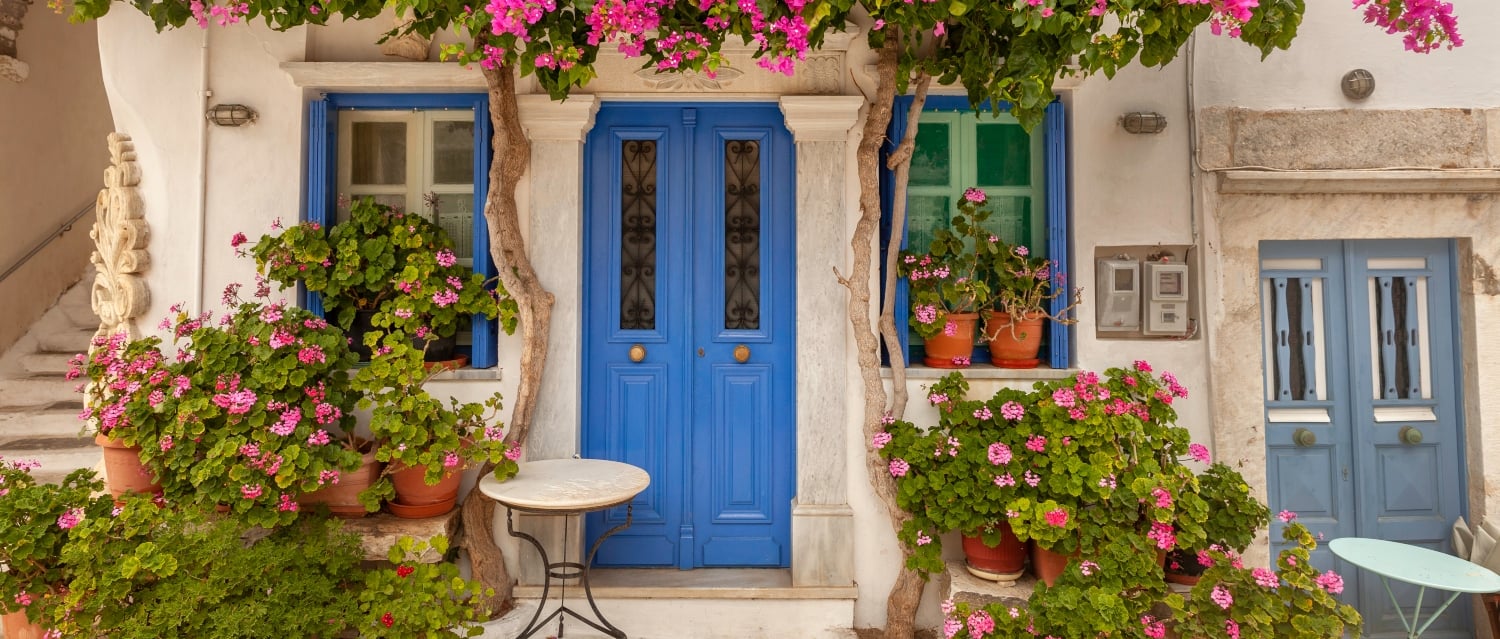 House with blue front door and pink flowers