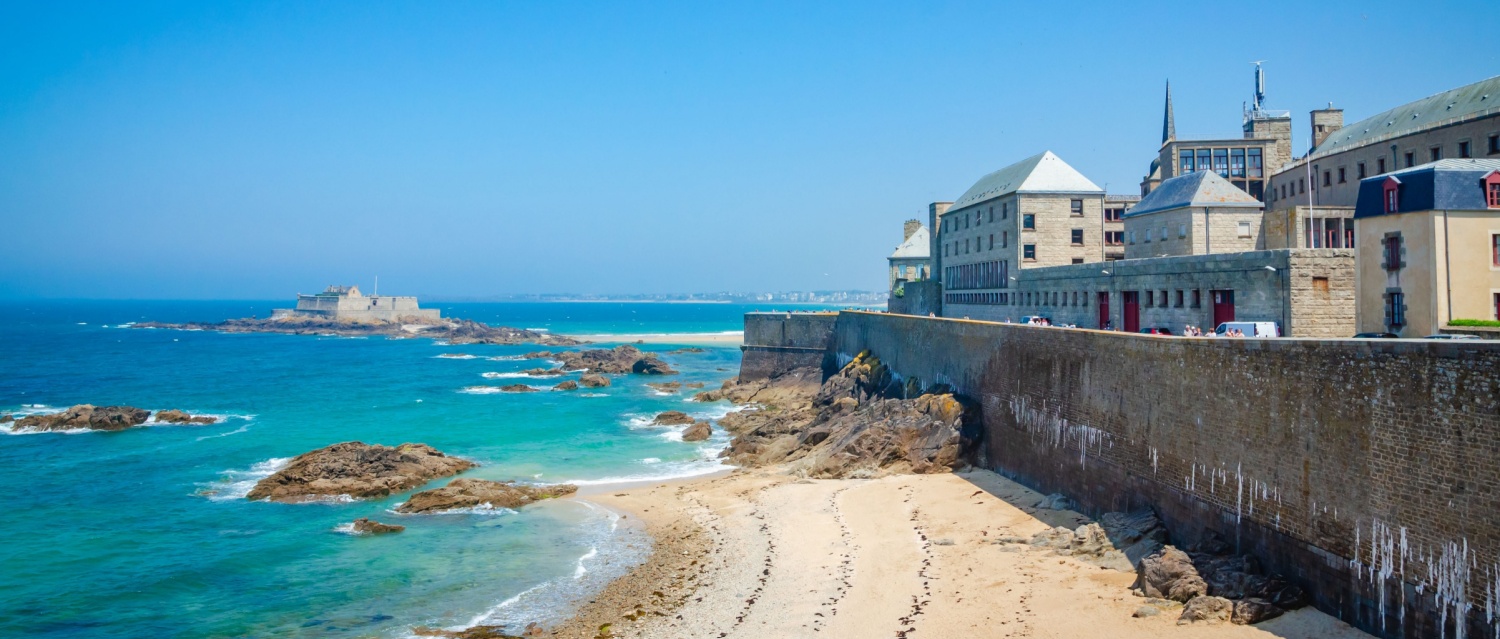 Beautiful Fort National and old walls of town Saint-Malo Bretagne France