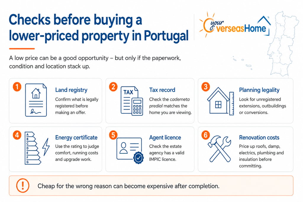 Infographic showing six checks before buying a lower-priced property in Portugal, from registry to renovation costs.