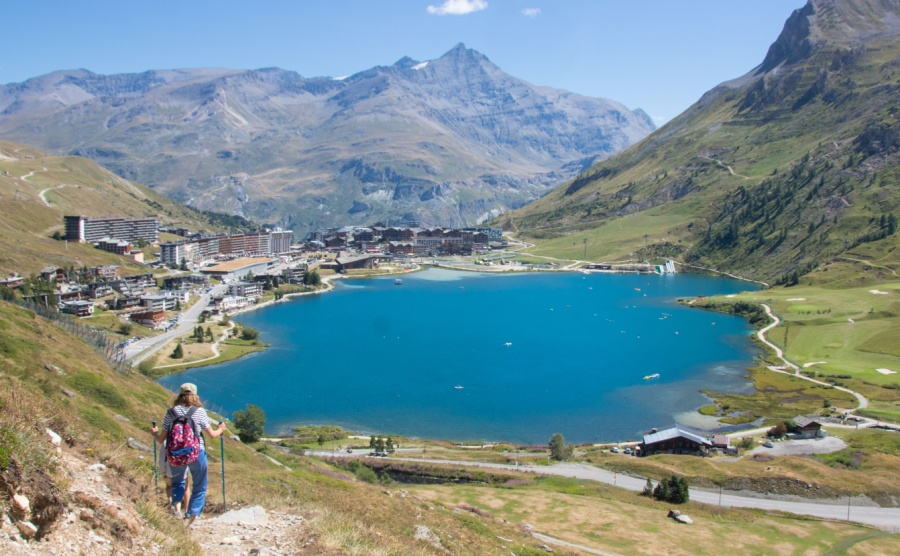 Tignes and its lake in summer, town located in the Vanoise massif in Haute-Tarentaise, in the Savoie department in the Auvergne-Rhône-Alpes region.
