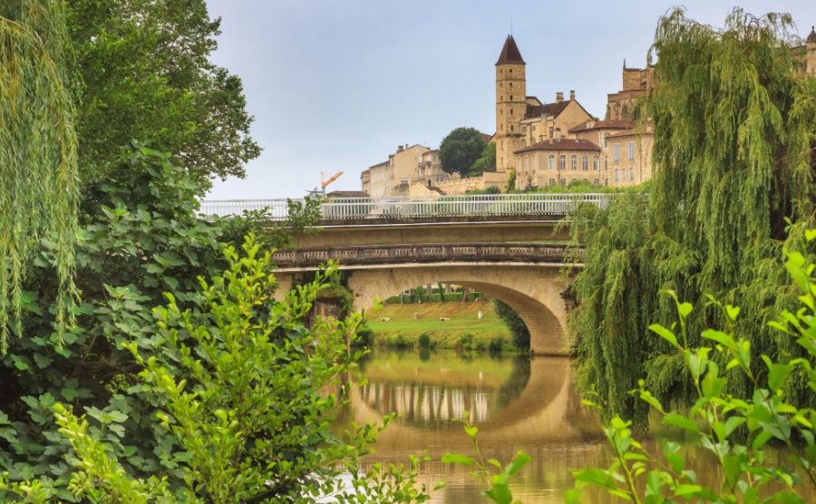 View of the bridges over the River Gers in the town of Auch, in the historical province Gascony, the region of Occitanie of southwestern France