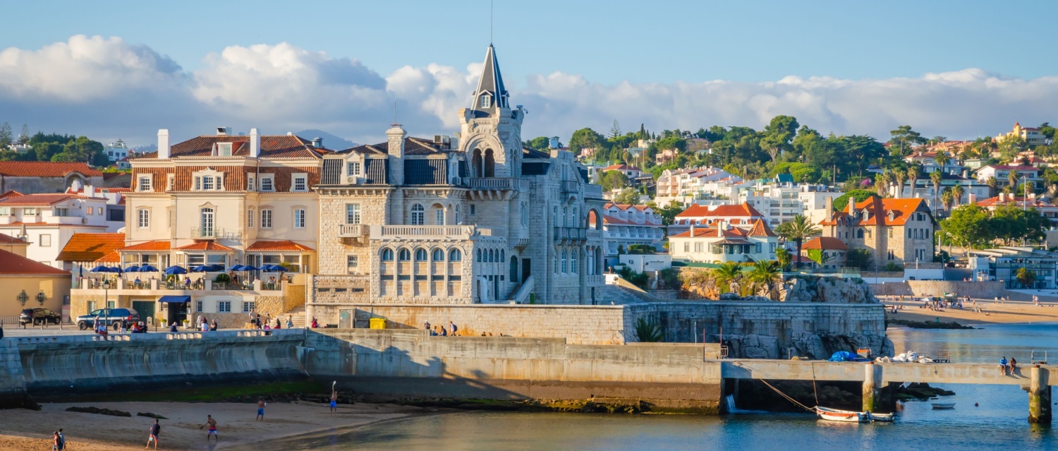 Beautiful coast of old town Cascais, Portugal, at sunset in summer day