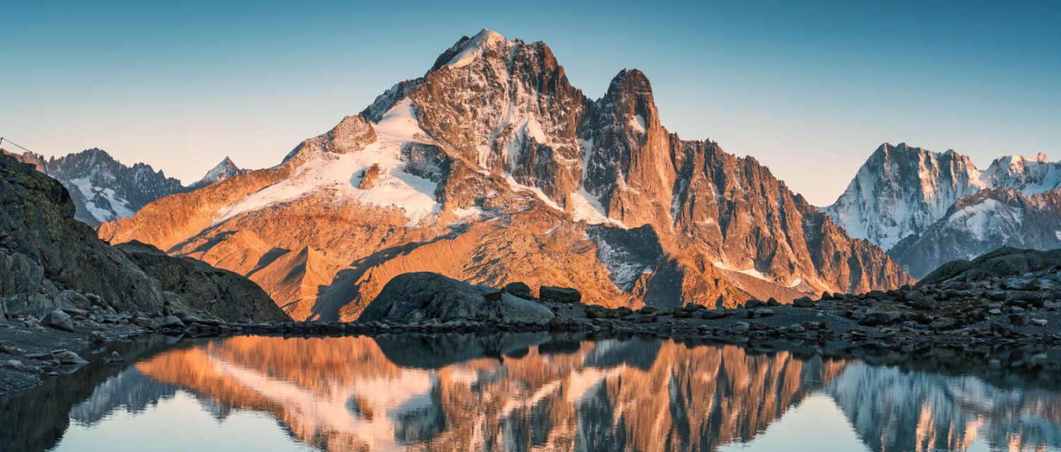 Mont Blanc in the French Alps reflected in the clear lake waters