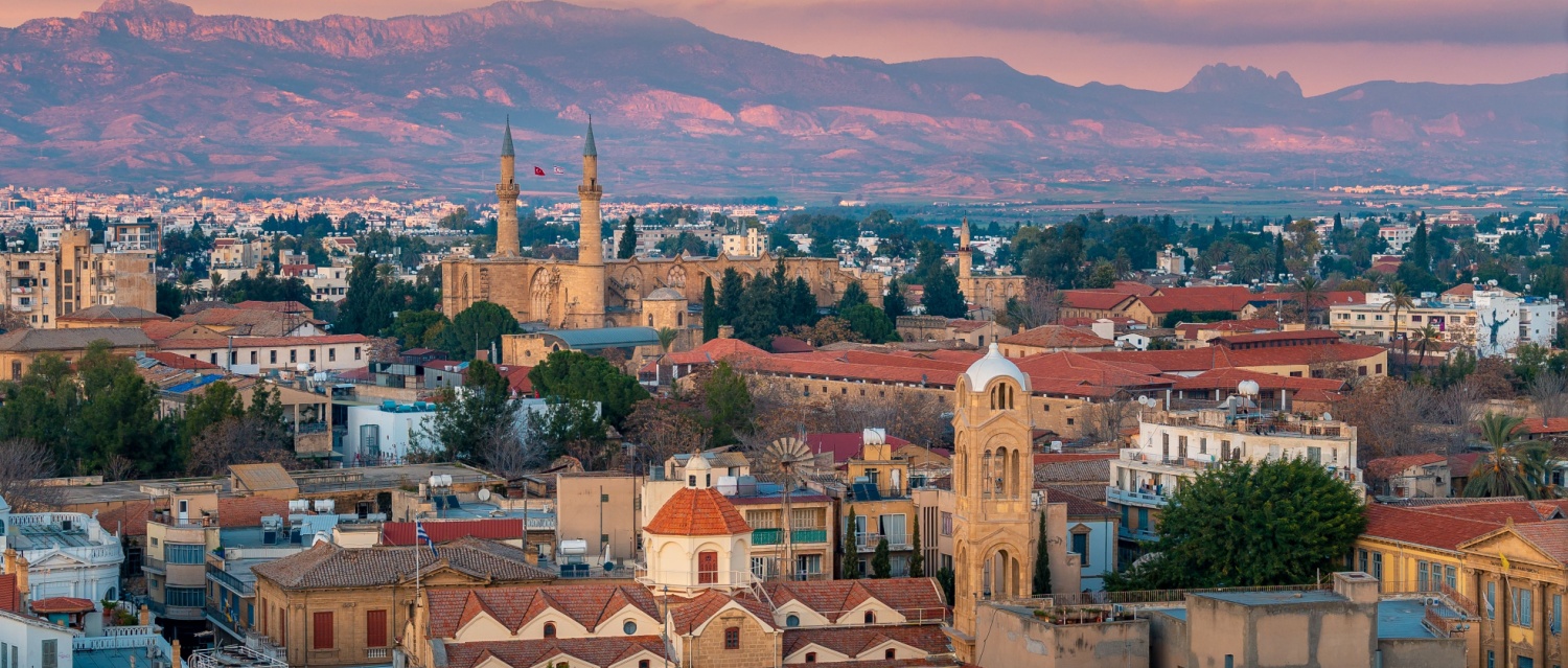 Beautiful aerial view over old town of Nicosia, Northern Cyprus and Selimiye Mosque in Cyprus