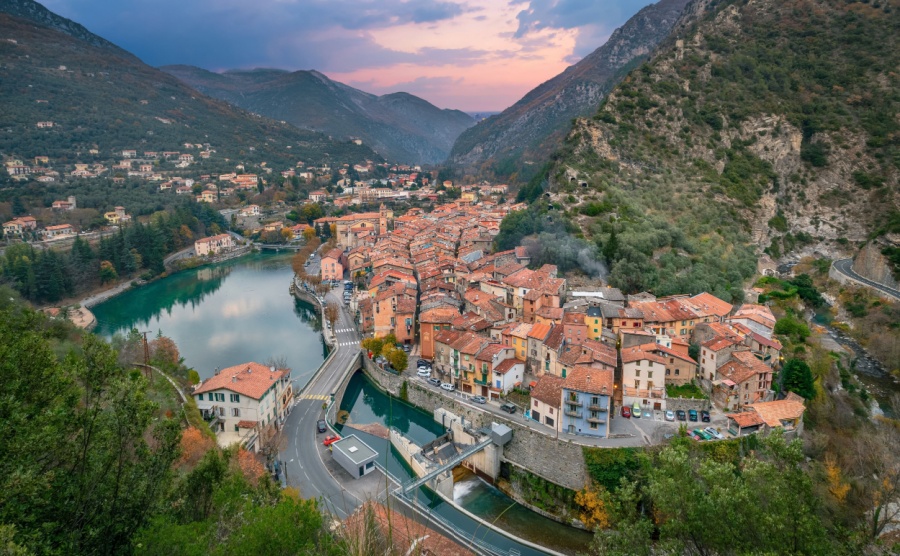 Small historic town Breil-sur-Roya and Roya river, Alpes-Maritimes, France