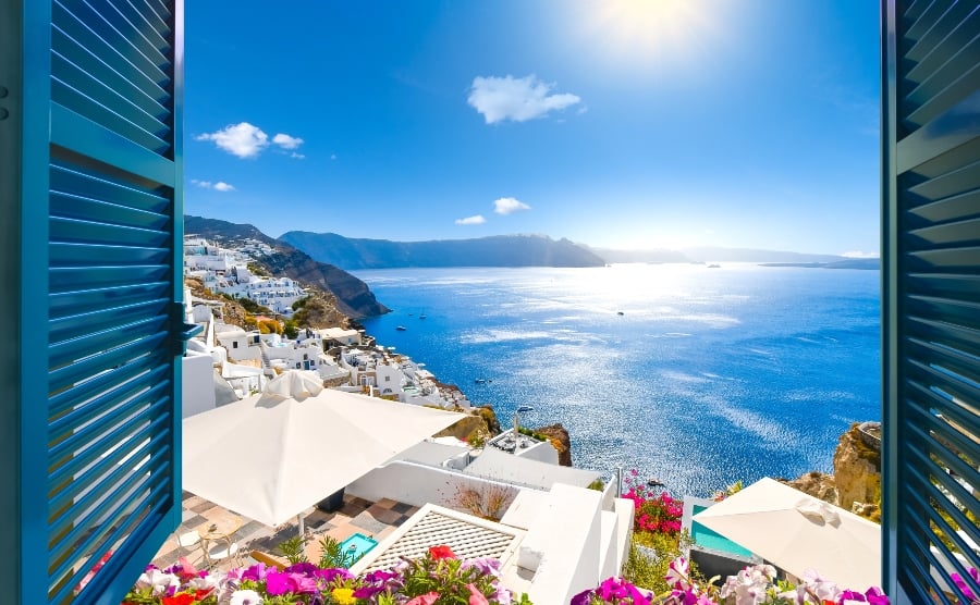 View of the Aegean Sea from an open window