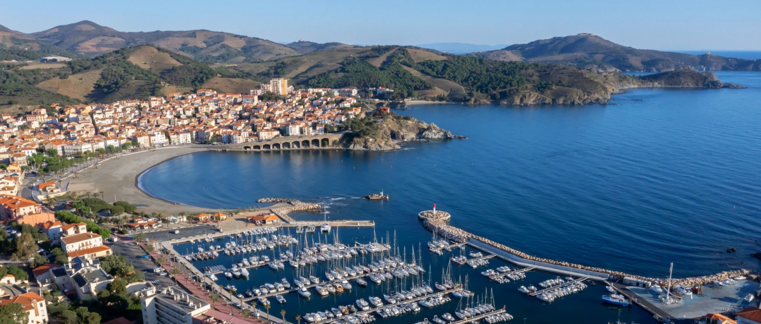 Banyuls-sur-Mer (Pyrenées-Orientales, France), port and central beach, aerial photo
