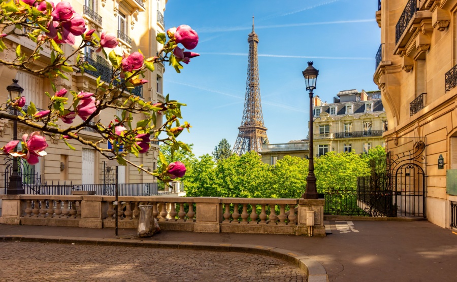 Eiffel tower and streets of Paris in spring, Île-de-France in France
