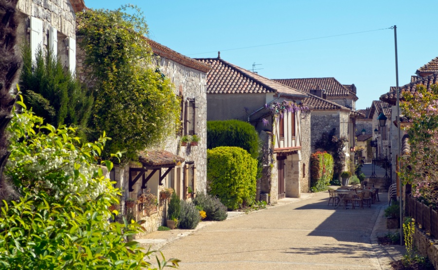 A quiet picturesque street in Pujols, Lot-et-Garonne, France. This historic village is a member of "Les Plus Beaux Villages de France" association.