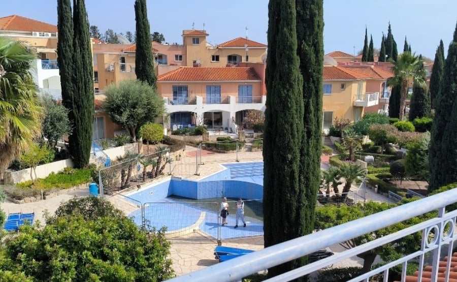 A view of the pool at an apartment complex in Paphos