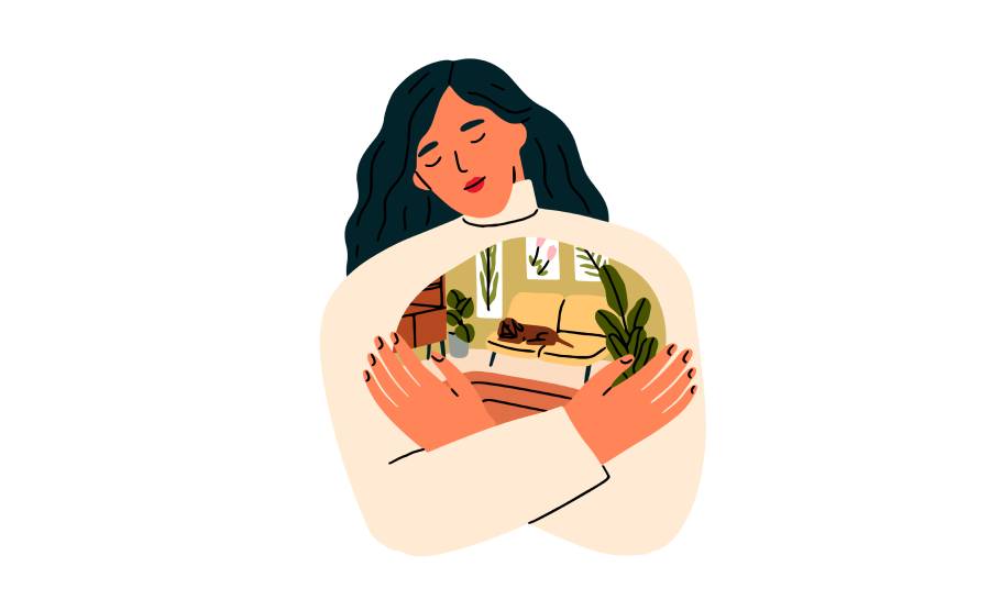 Image of a woman hugging her chest and thinking of home