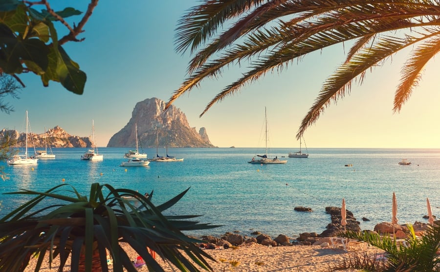 Boats anchored in a bay in Ibiza