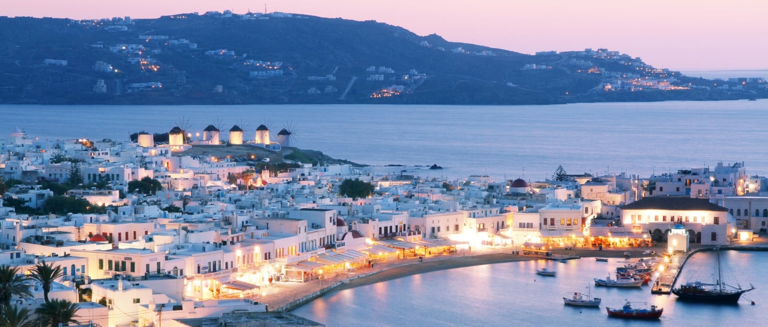 Sunset over Mykonos harbour