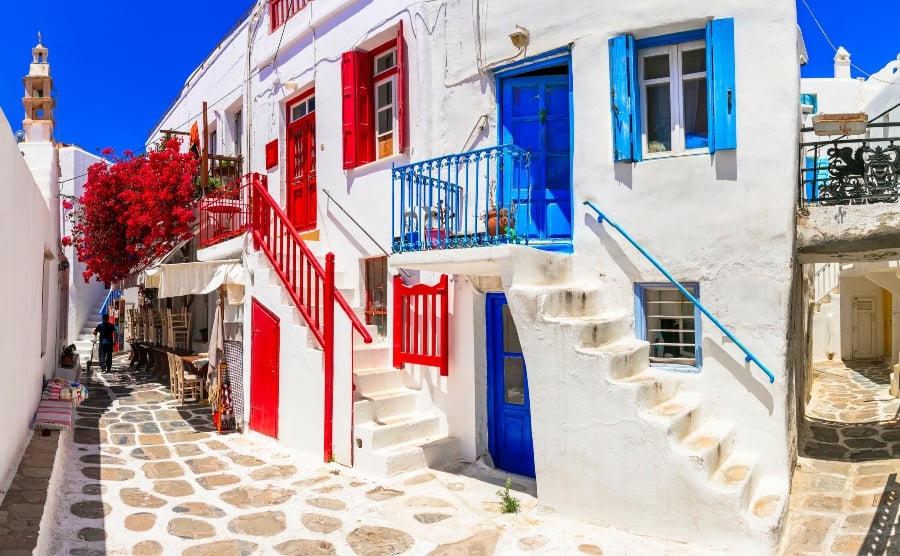 White houses trimmed with red and blue, Mykonos