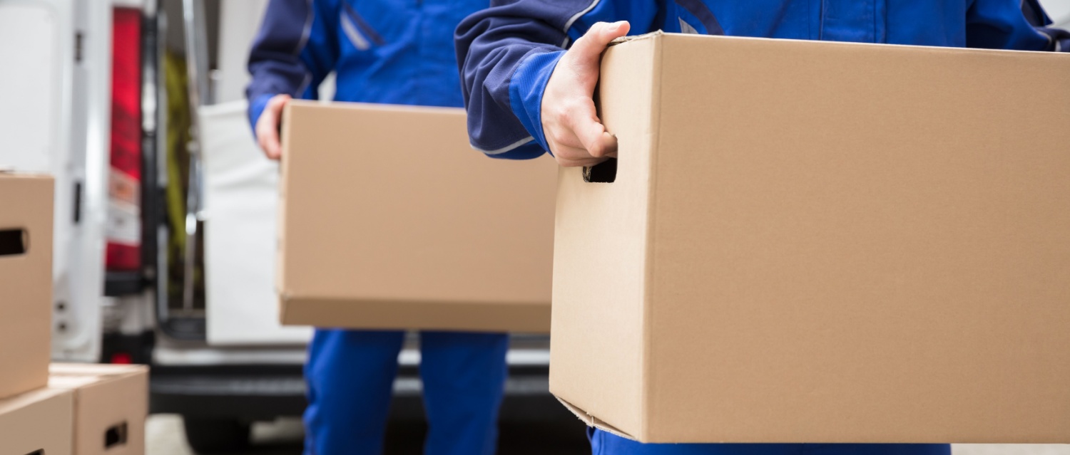 Close-up Of Two Mover's Hand In Uniform Carrying Cardboard Box