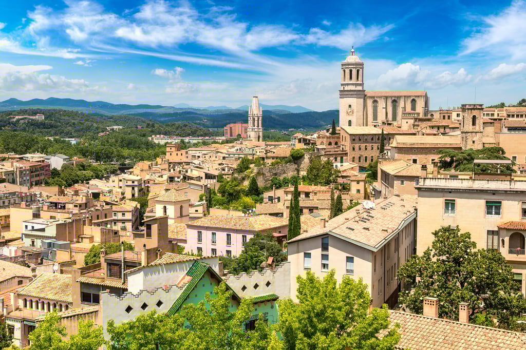 Aerial view of Girona and cathedral