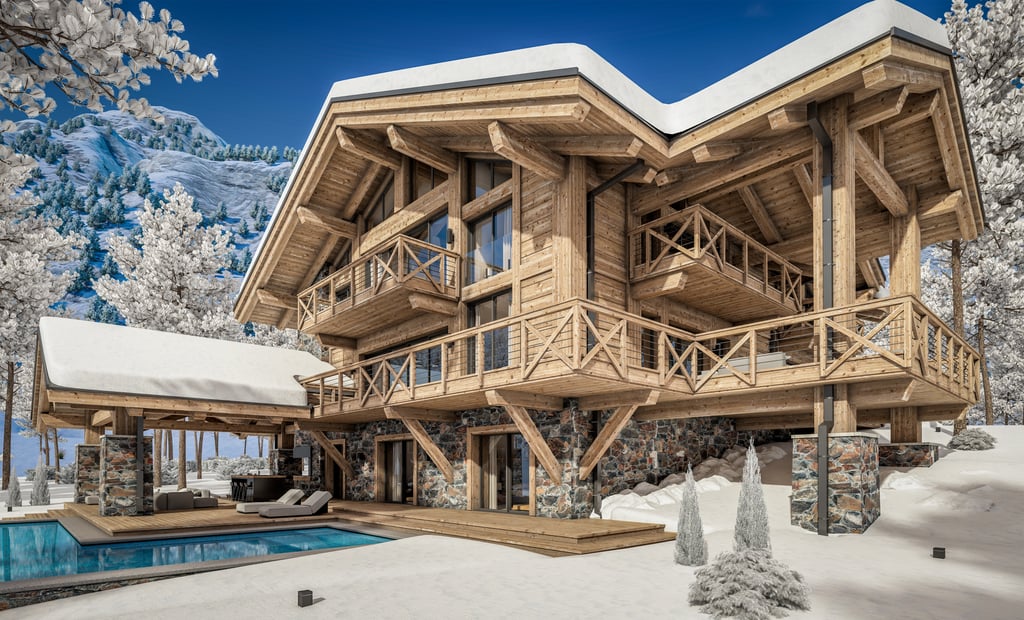 Evening view of Courchevel resort with luxury chalets