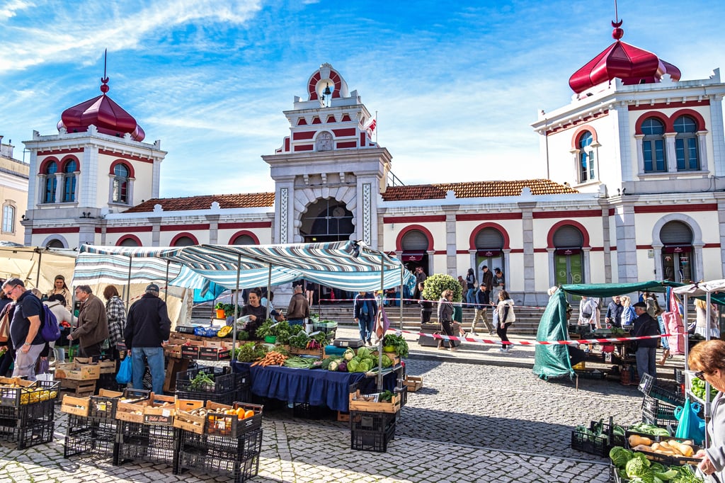 The famous Moorish style market hall of Loule in Algarve, Portugal. Iconic local grocery and fish market.