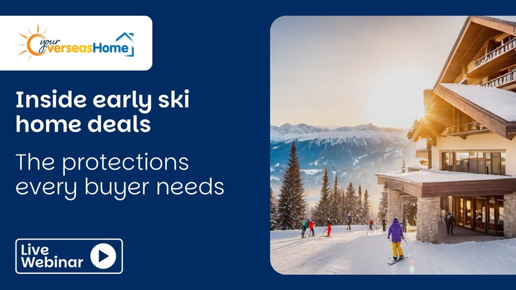 Title of a webinar next to an image of a ski chalet