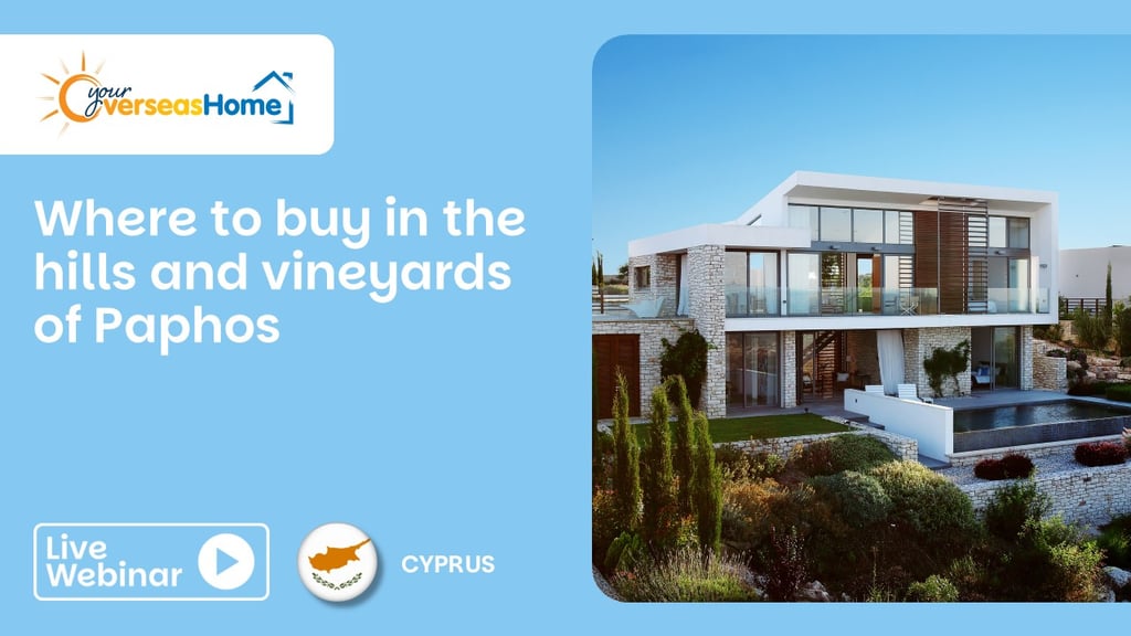 Title of a webinar next to a home in Cyprus
