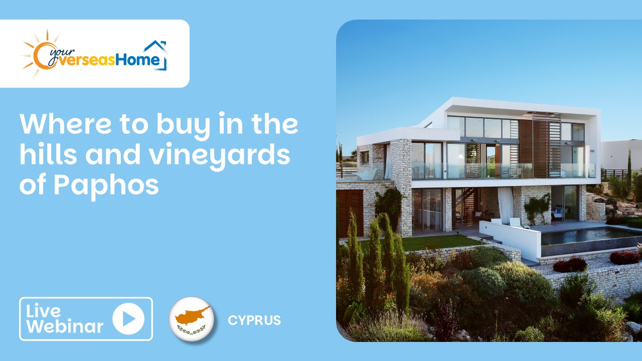 Title of a webinar next to a home in Cyprus