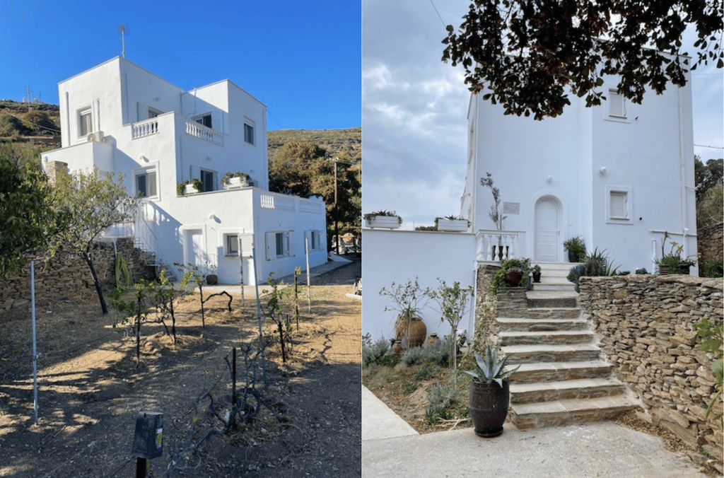The back and front of a white house in Greece