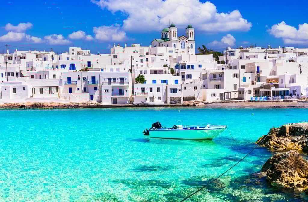 Houses and boat in Naoussa, Paros island, Cyclades