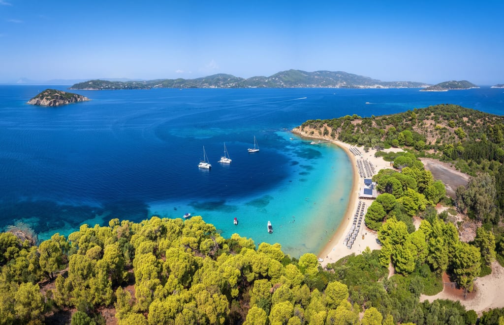 Aerial view of a beach on Tsougrias Island