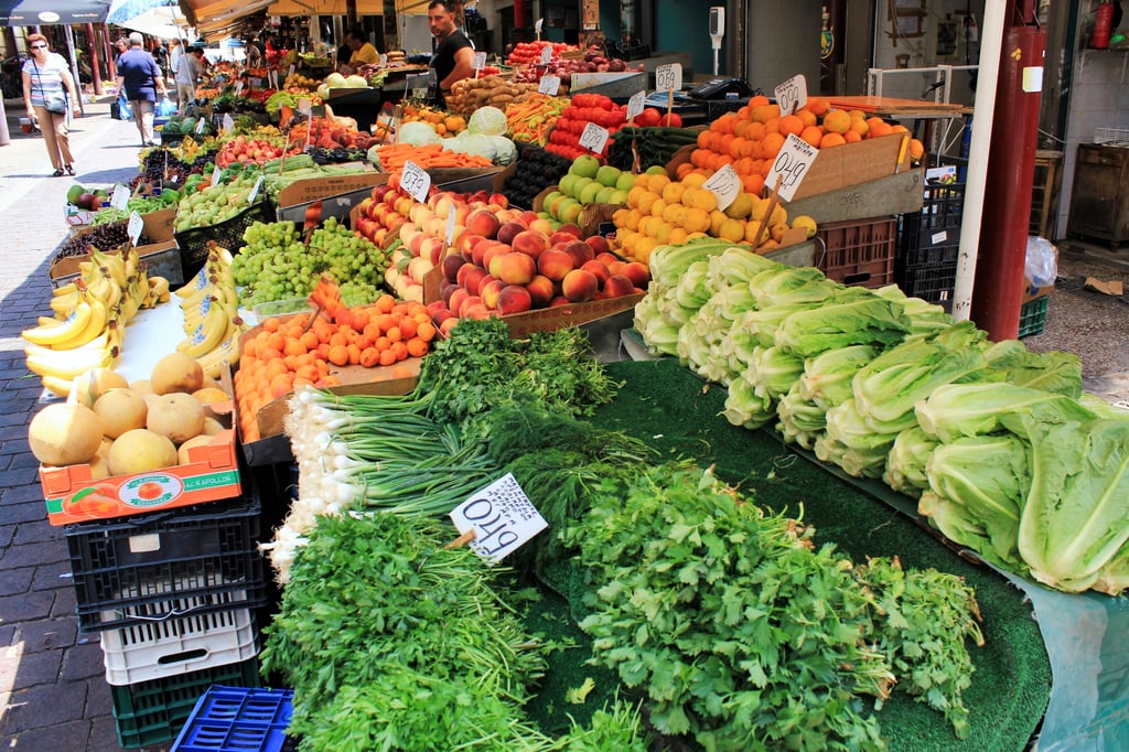 Fruit and veg stall at a food market in Greece