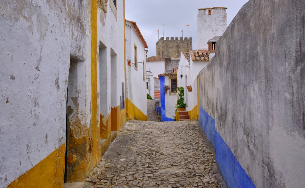 Cobbled street inside the medieval walled town of Óbidos on Portugal's Silver Coast with white houses and terracotta roofs