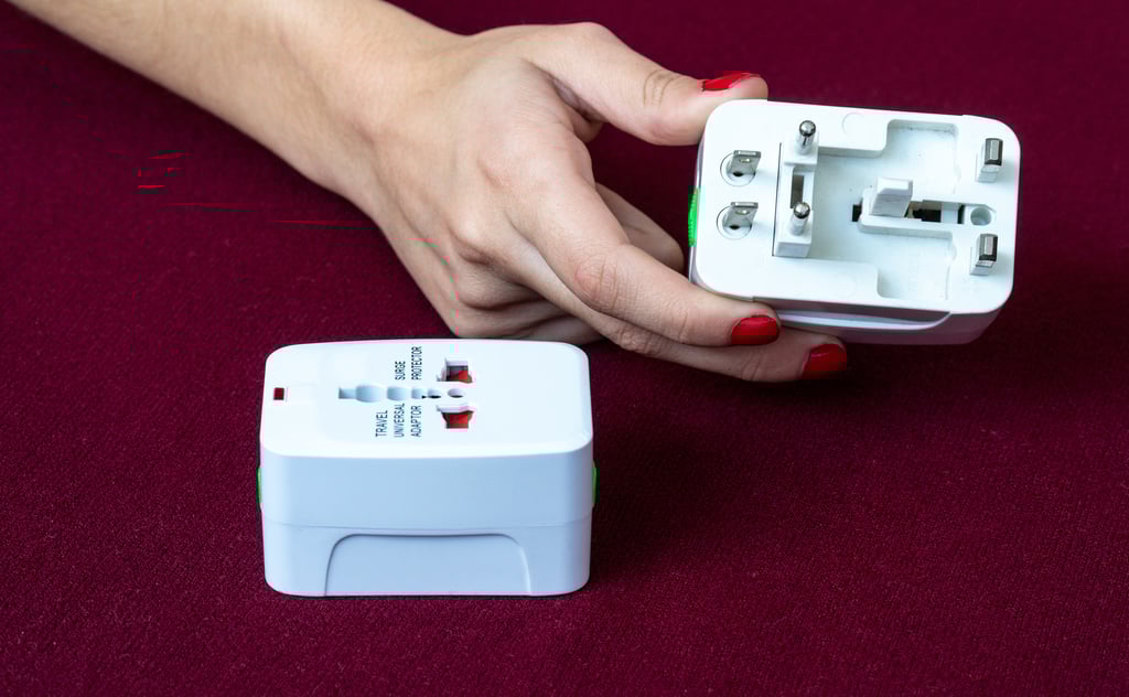 Universal travel plug adaptor with multiple socket configurations for use when moving electrical items to France