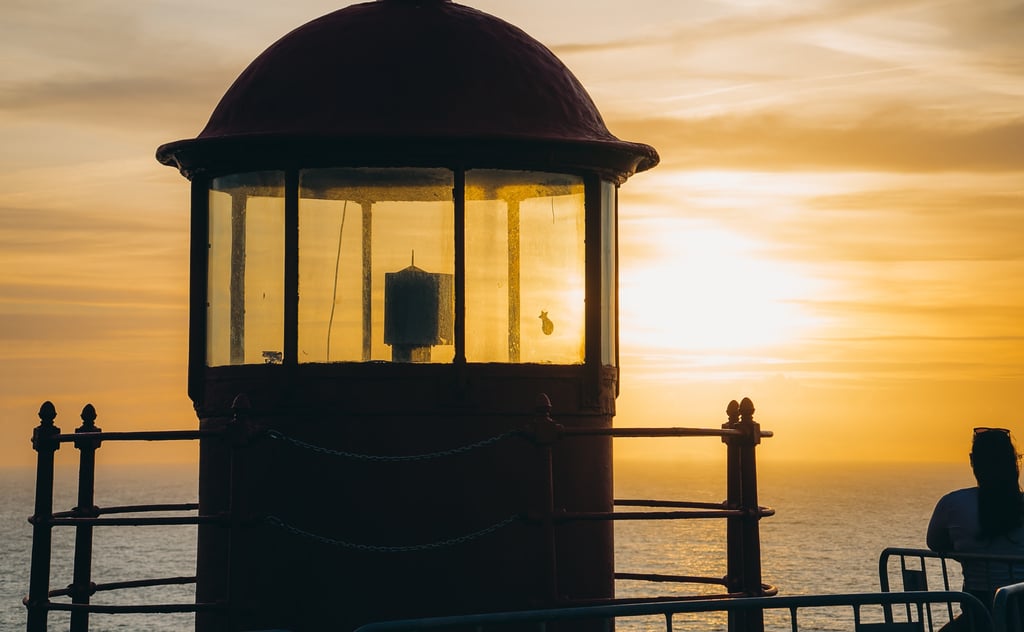View of Nazaré lighthouse from the clifftop Sítio district on Portugal's Silver Coast