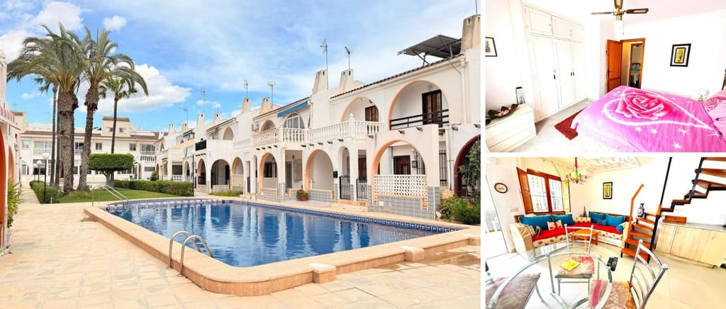 Collage of a white house by a pool