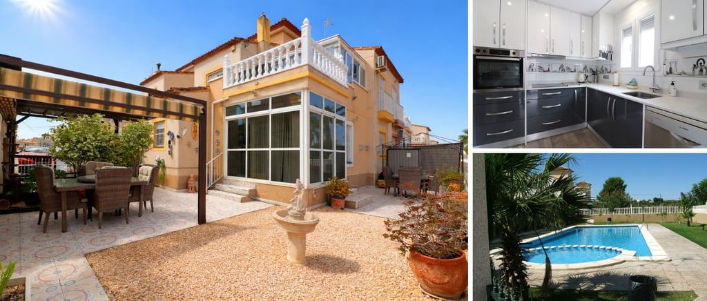 Photo collage of outside of house, pool and kitchen